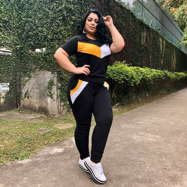 Plus Size Patchwork Short-sleeved T-shirt Trousers Suit