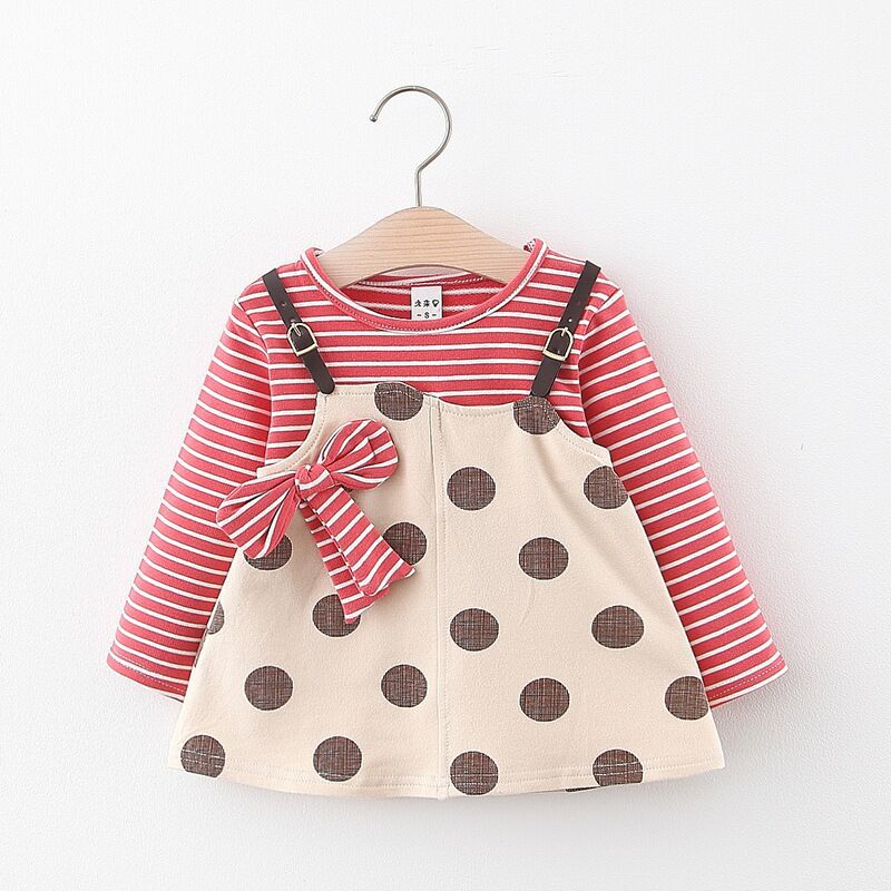 Children's Solid Color Stripes Splicing Sling Dots Fake Two-piece Skirt - Image 20