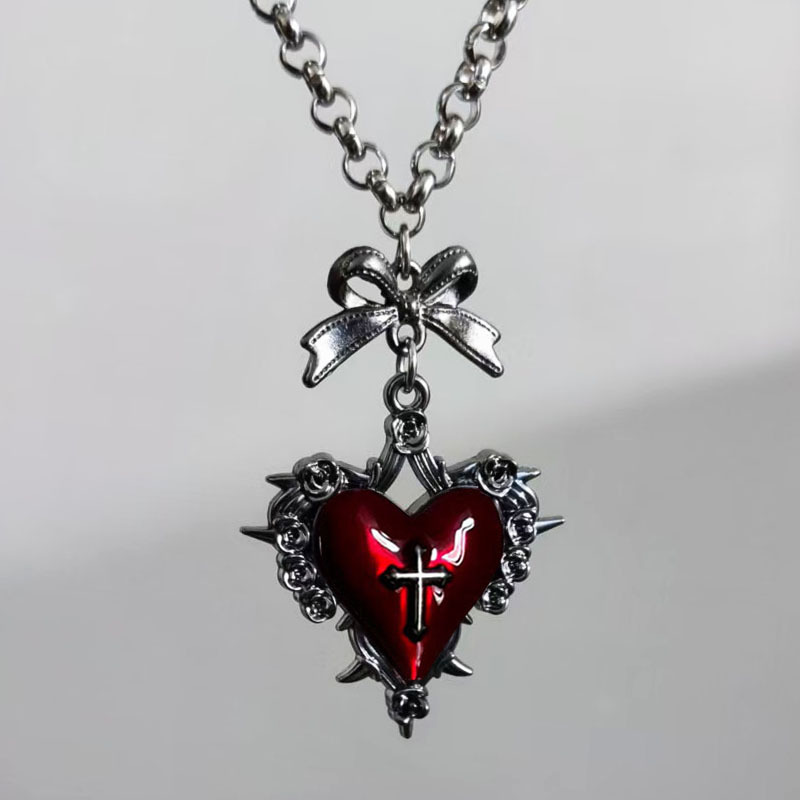 Goth Punk Red Heart Bowknot Cross Necklace