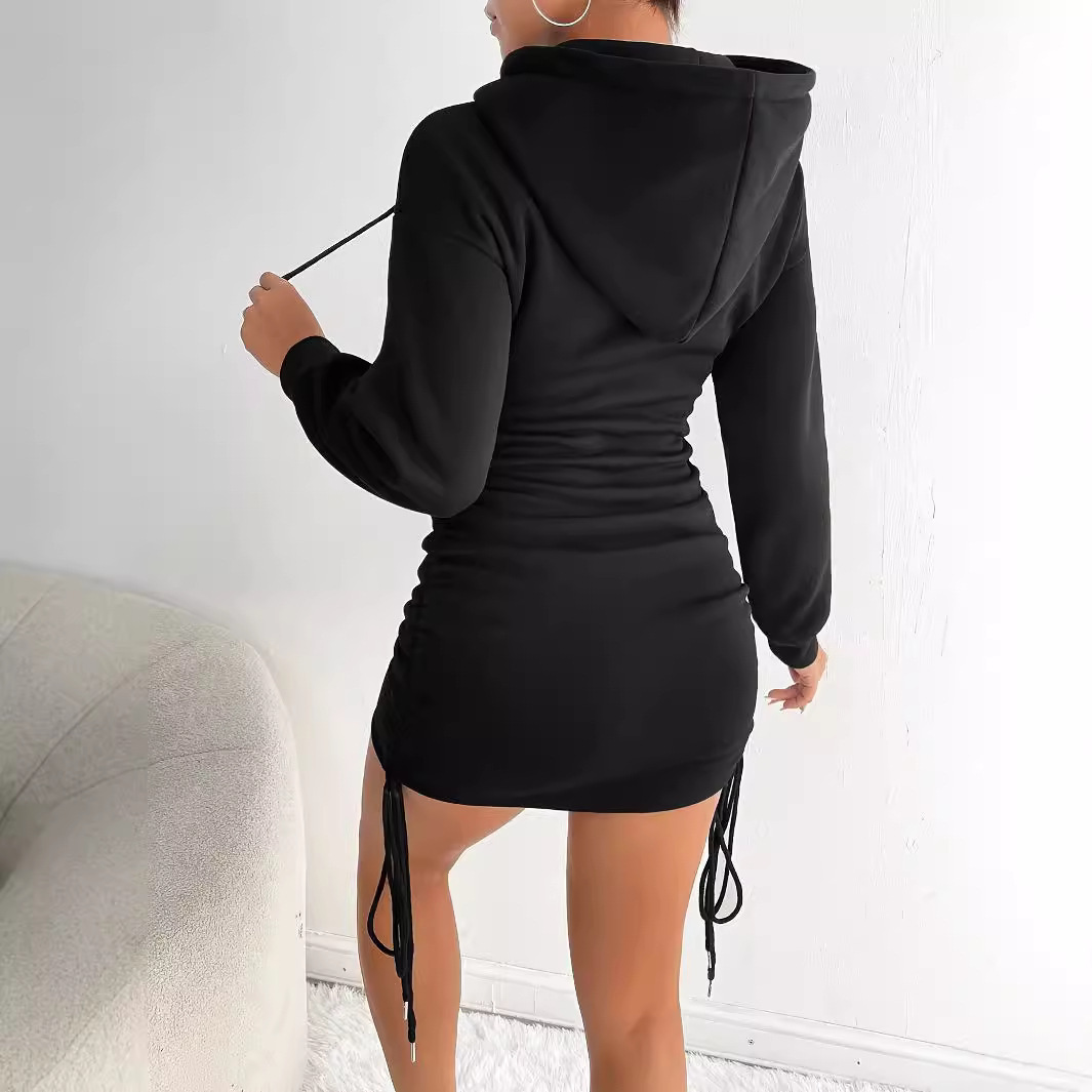 Women's Side Drawstring Pleated Hooded Sweater Dress
