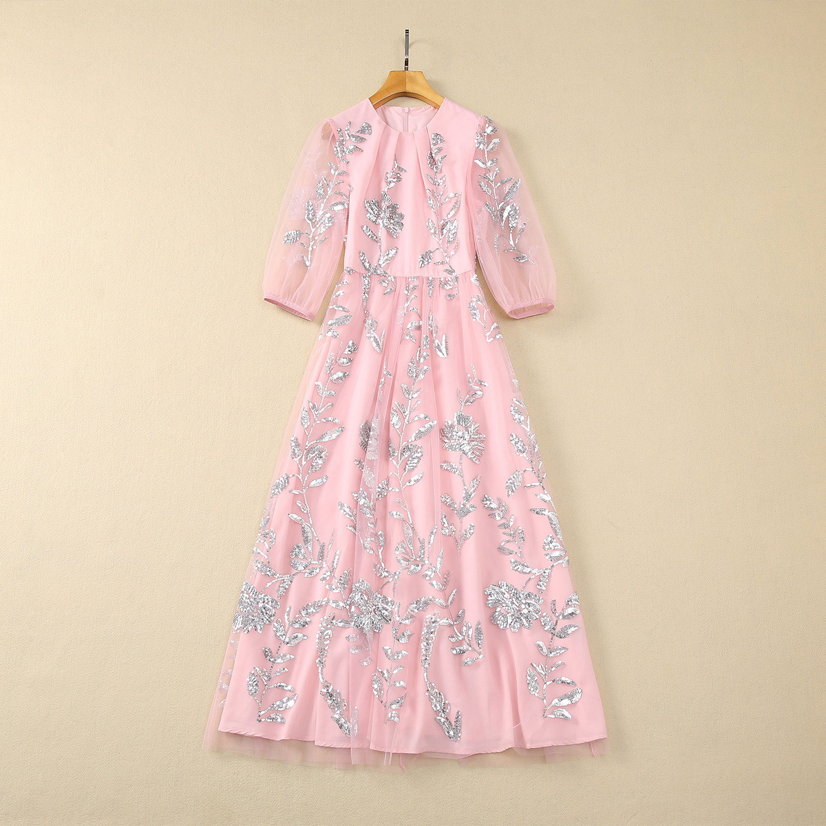 Pleated Round Neck Heavy Embroidery Sequins Mesh Dress — image 1