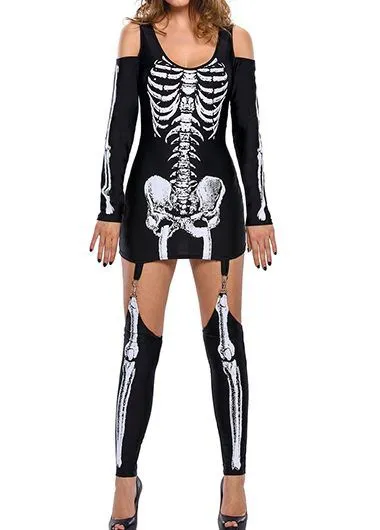 Skull Skeleton Printed Sexy Off the shoulder Halloween Costume Black - Shop at LoveMi