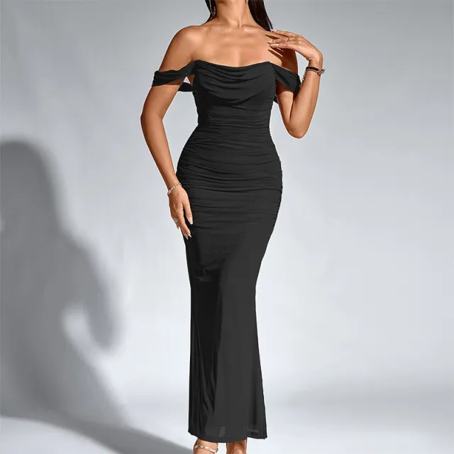 Women's Off shoulder Skinny Sheath Long Dress Black - Shop at LoveMi