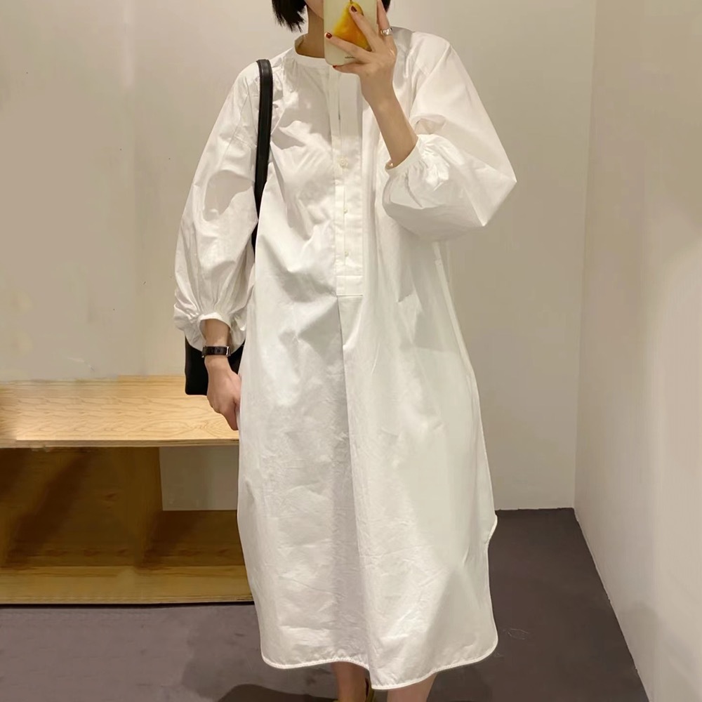 Stand Collar Puff Sleeve Shirt Dress Women