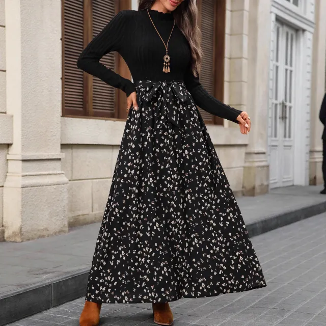 Women's Vintage Round neck Long sleeve Printed Dress Black - Shop at LoveMi