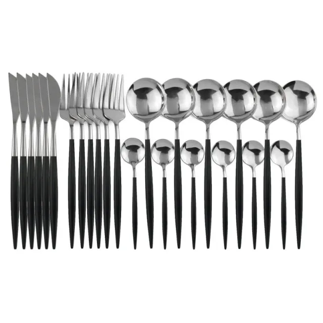 White Gold Dinnerware Set Stainless Steel Knife Fork 24Pcs Black Silver - Shop at LoveMi