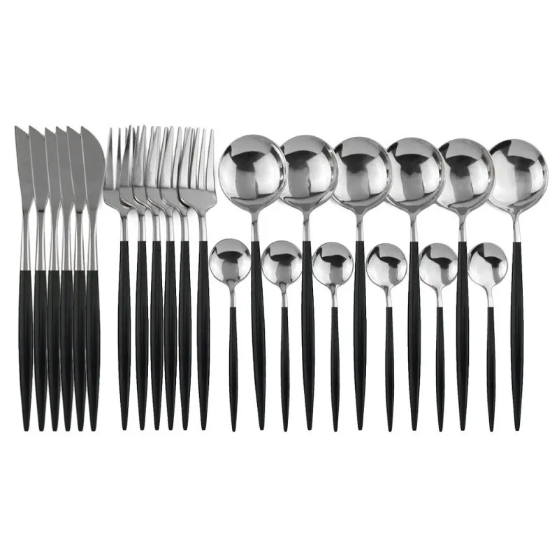 White Gold Dinnerware Set Stainless Steel Knife Fork - 24Pcs Black Silver
