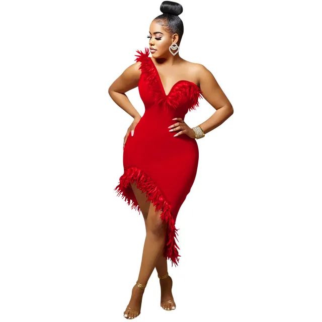 V neck Sleeveless Chest Feather Irregular Midi Dress Red - Shop at LoveMi