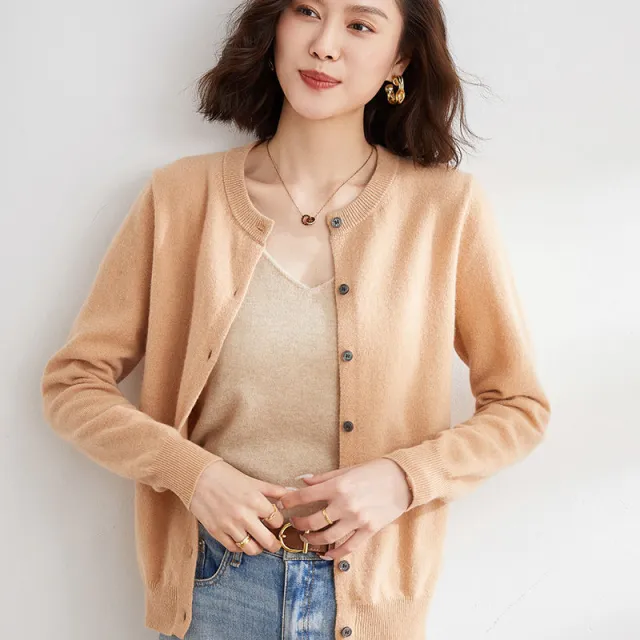 Round Neck Knitted Cardigan Coat For Women Yellow Camel - Shop at LoveMi