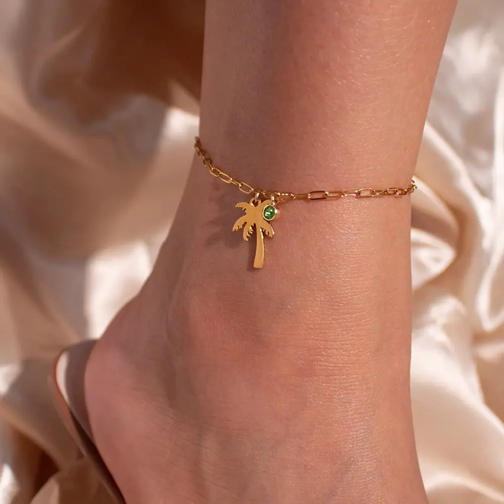 Palm Tree Birthstone Anklet Paperclip Chain Fashionable