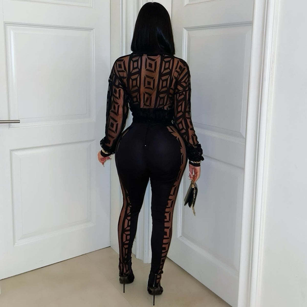 Printed Mesh See-through Shirt Pants Suit