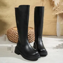 Autumn And Winter Europe And America Knee-high Thick-soled Round-toe High-top Women's Boots - Black - View 1
