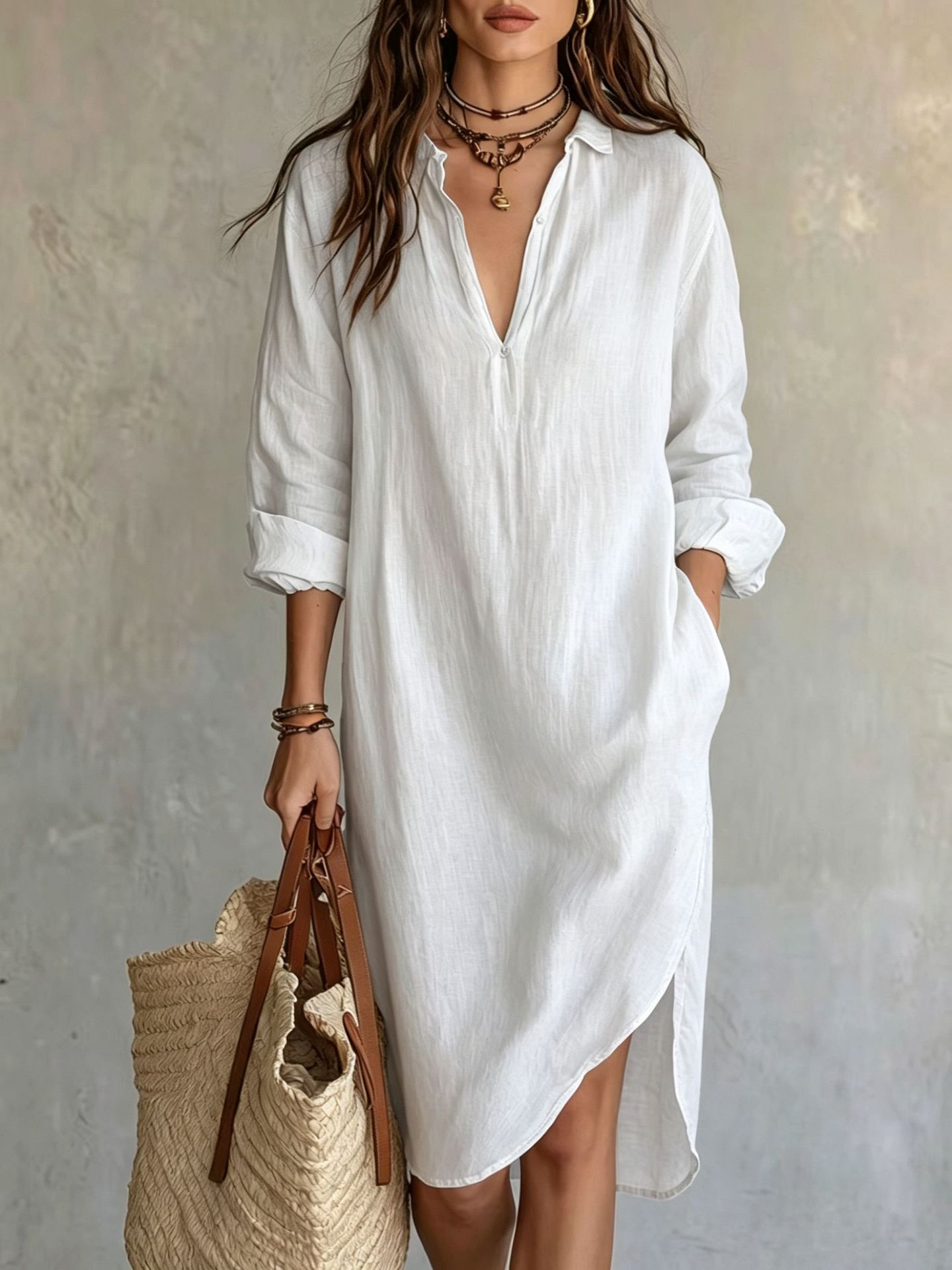 French Linen Shirt Dress With A Slit And Relaxed Style