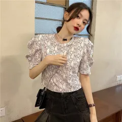 Puff Sleeve Slim T-shirt Women's French Short Padded Shoulder - White - View 1