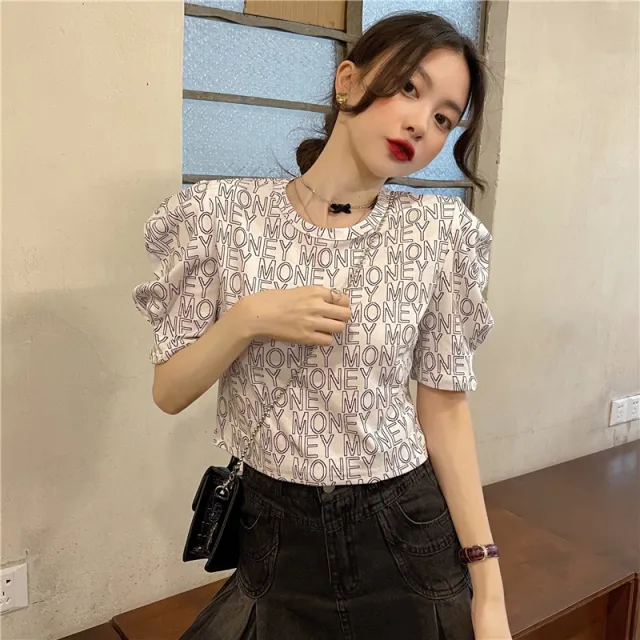 Puff Sleeve Slim T shirt Women's French Short Padded Shoulder White - Shop at LoveMi