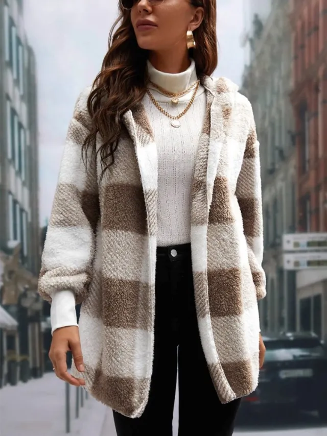 Coat Loose Plaid Color Stitching Knitted Cardigan Sweater Khaki - Shop at LoveMi