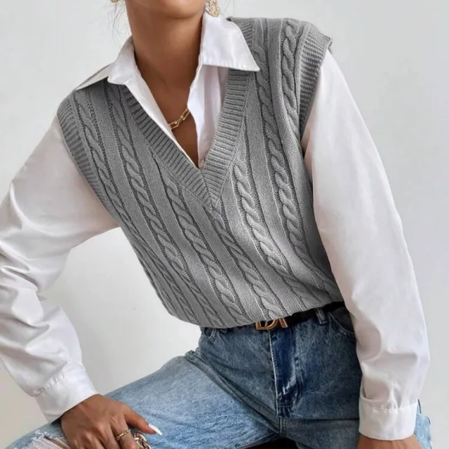 Women's Knitted Waistcoat Casual Suit Gray Vest White Shirt - Shop at LoveMi