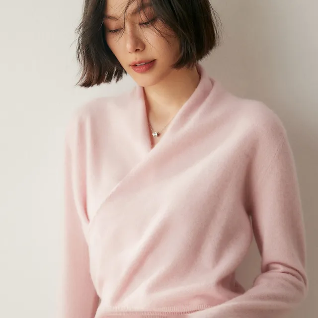 Women's Solid Color V Neck Cross Cashmere Sweater Top Pink - Shop at LoveMi
