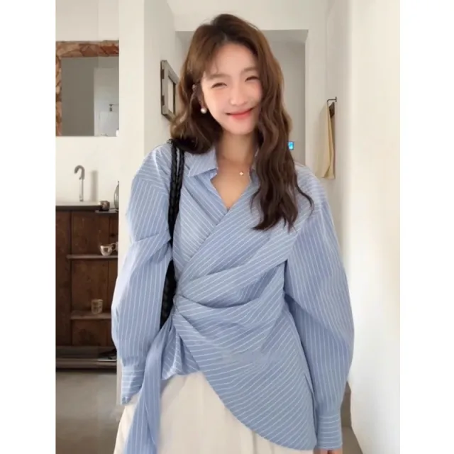Korean style Designer Belted Striped Shirt With A Cinched Waist Blue - Shop at LoveMi