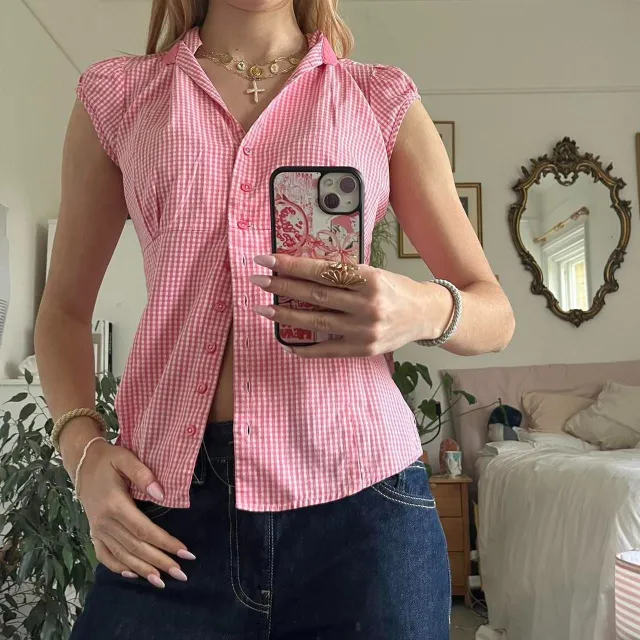 Red And White Short Sleeve Plaid Shirt Women Pink - Shop at LoveMi