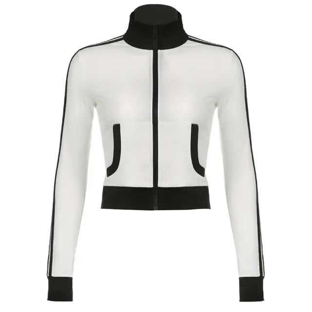 Women's Zipped Stand Collar Black And White Long sleeved Top Black - Shop at LoveMi