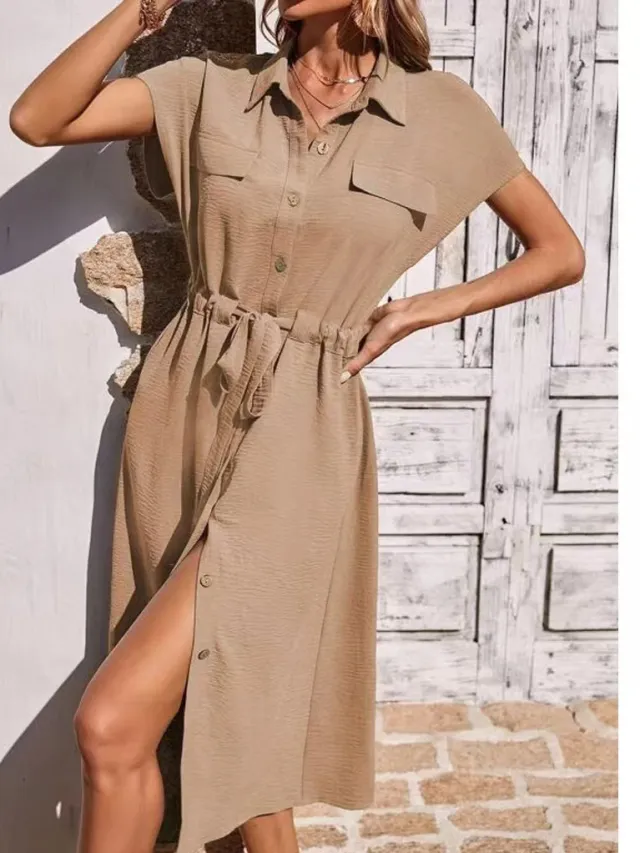 Comfortable Blouse Collar Waist Tight Waist Dress Women Khaki - Shop at LoveMi