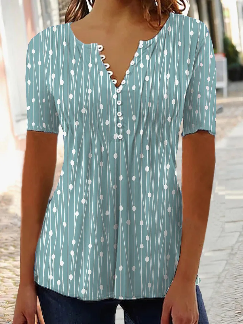 Women's Summer V-collar Polka Dot Short-sleeved Shirt - Green