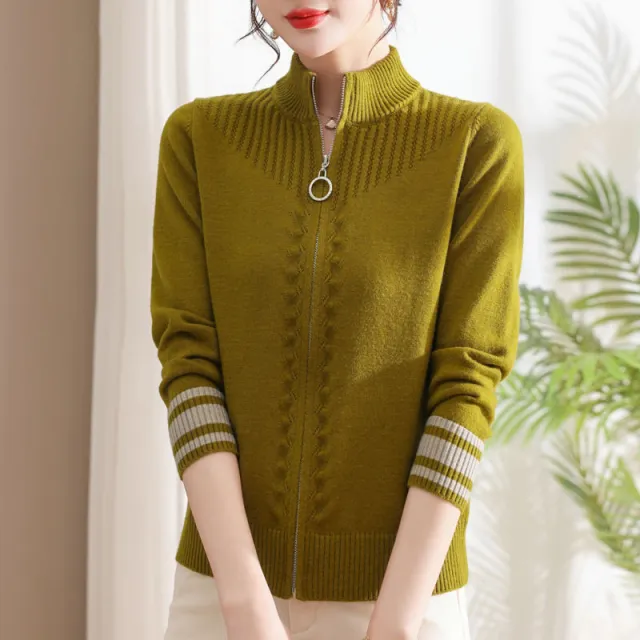 Stand Collar Zipper Wool Cardigan Coat For Women Mustard Yellow - Shop at LoveMi