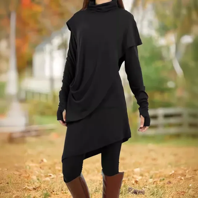 Black High Collar Irregular Fake Two piece Long sleeved Dress Black - Shop at LoveMi