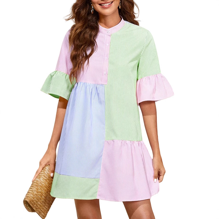 Multi-color Stripe Patchwork Flared Sleeves Dress