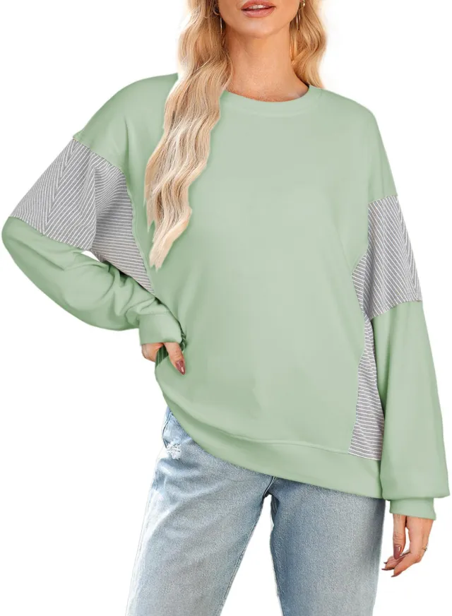 Striped Color blocked Round Neck Versatile Casual Long sleeved Sweatshirt Light Green - Shop at LoveMi