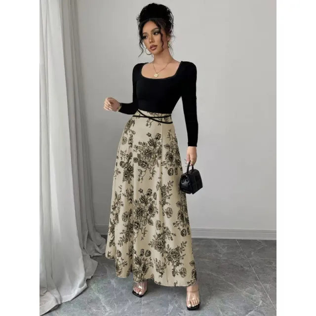 Women's Printed Square Neck Patchwork Lace Up Dress Brown - Shop at LoveMi
