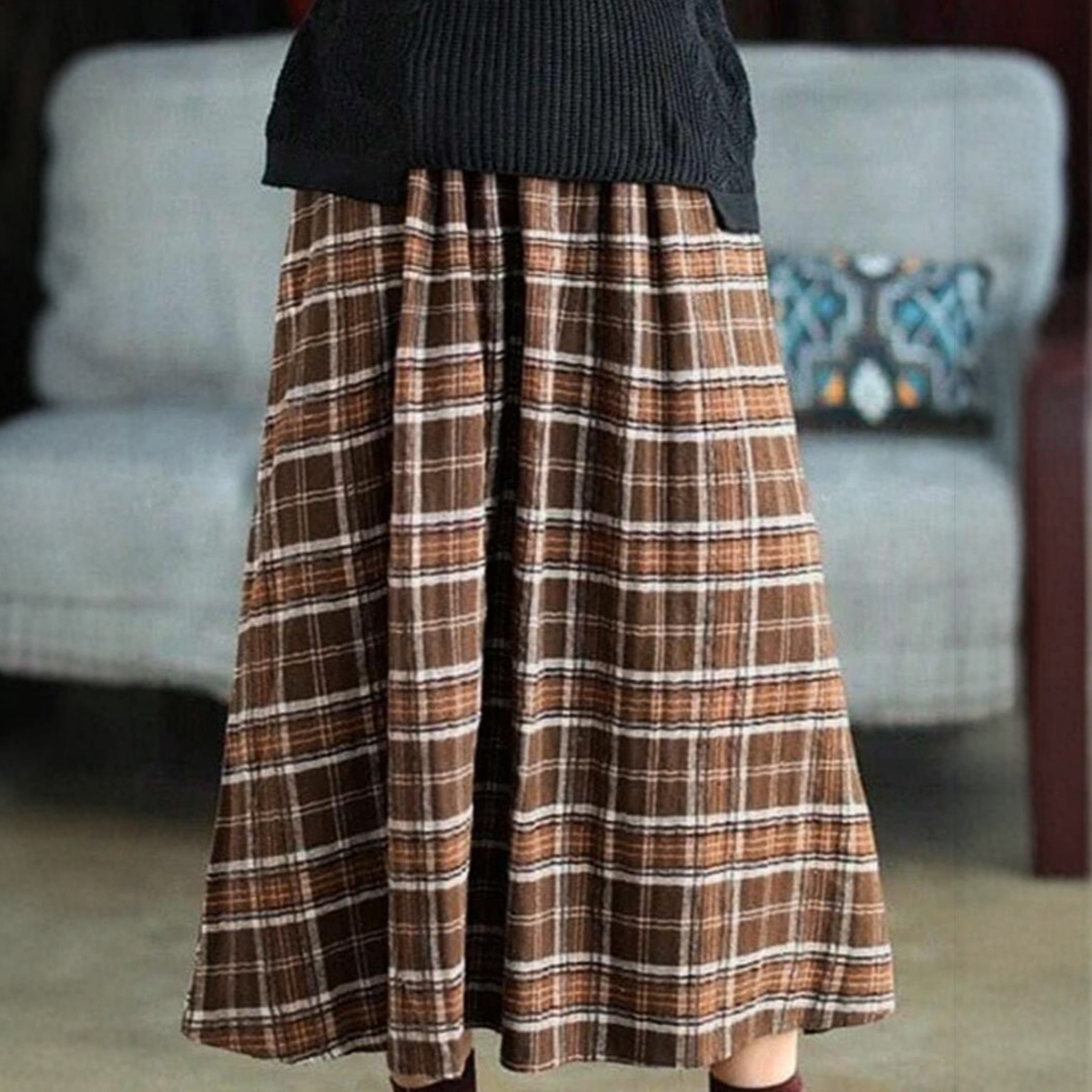 Retro Plaid Flannel Swing Skirt Long Dress With Elastic Waist