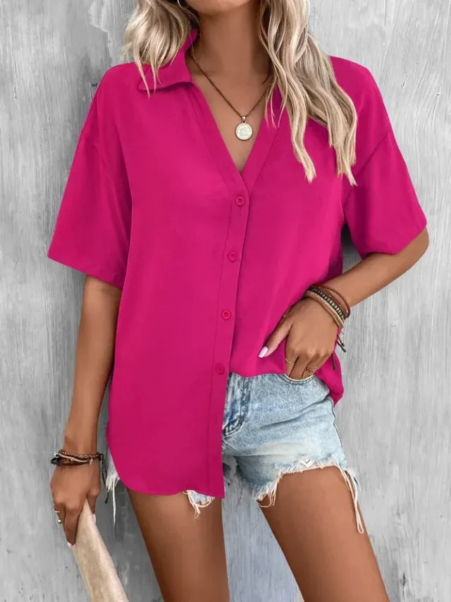 Temperament Pure Color V neck Shirt Women's Top Short Sleeve Rose Red - Shop at LoveMi