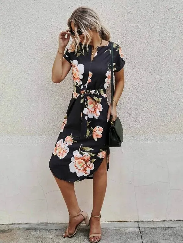 Printed Lace up Side Split Female Dress Pink - Shop at LoveMi