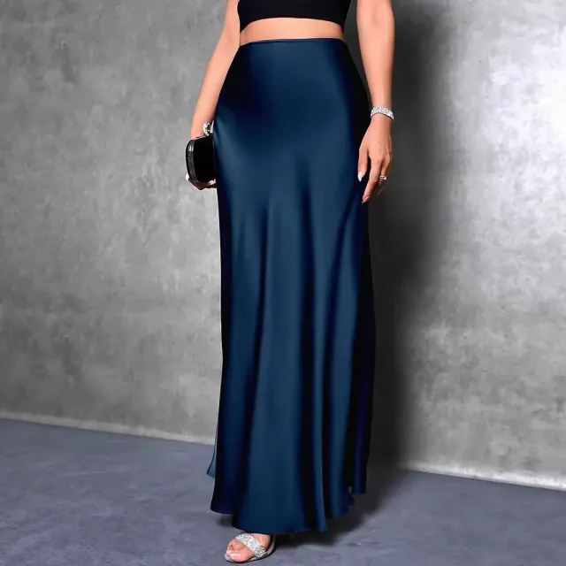 Women's High Waist Solid Color Extra Long Satin Mermaid Skirt Navy - Shop at LoveMi