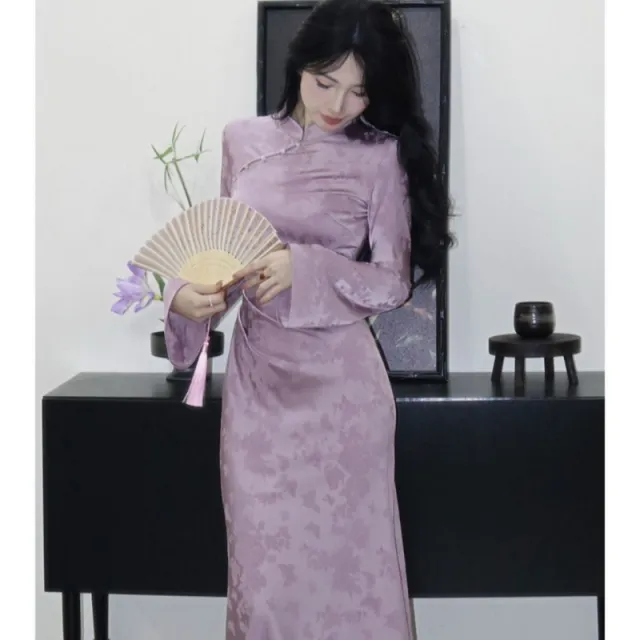 New Chinese style Women's Modified Solid color Casual Dress With Color block Buttons Purple - Shop at LoveMi
