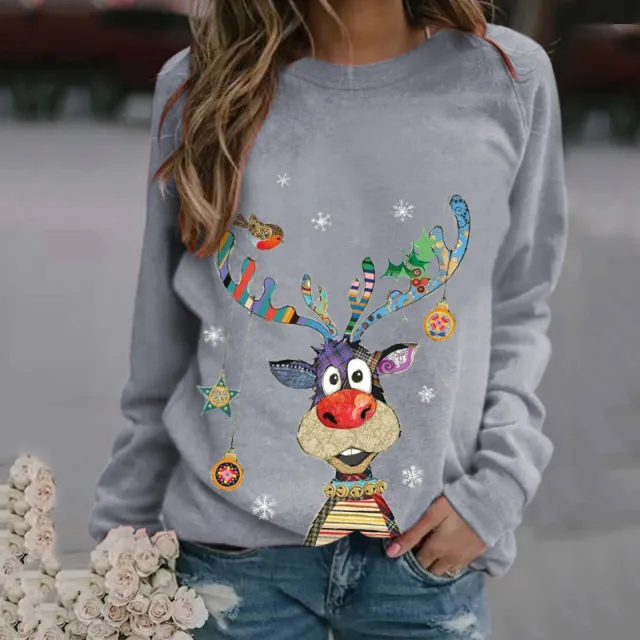 Christmas Pattern Printing Long Sleeve Crew Neck Sweater Gray - Shop at LoveMi