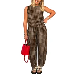 Printed Plaid Loose Casual Sleeveless Vest Pants Suit - Khaki - View 1