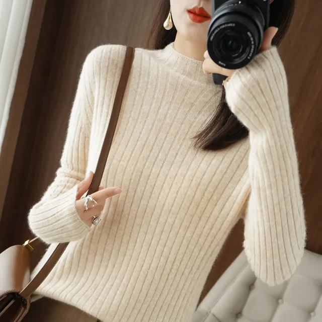 Simple Autumn And Winter Half high Collar Bottoming Shirt Women's Sweater Light Beige Apricot - Shop at LoveMi