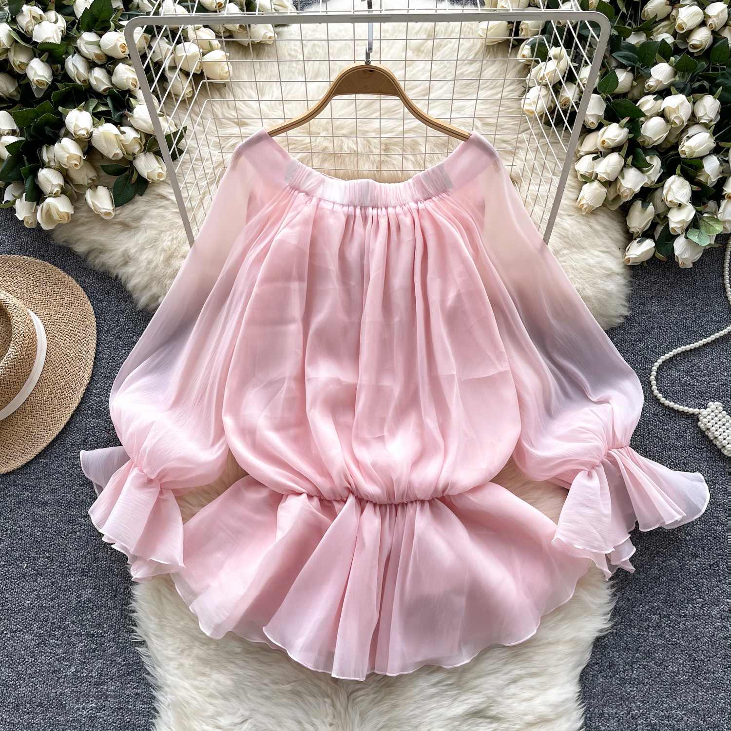 Flared Long Sleeve Waist-tight Lotus Leaf Hem Chiffon Shirt