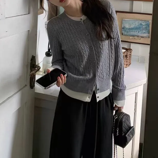 Korean Style Autumn And Winter Fake Two Pieces Sweaters Women's Fashion Gray - Shop at LoveMi