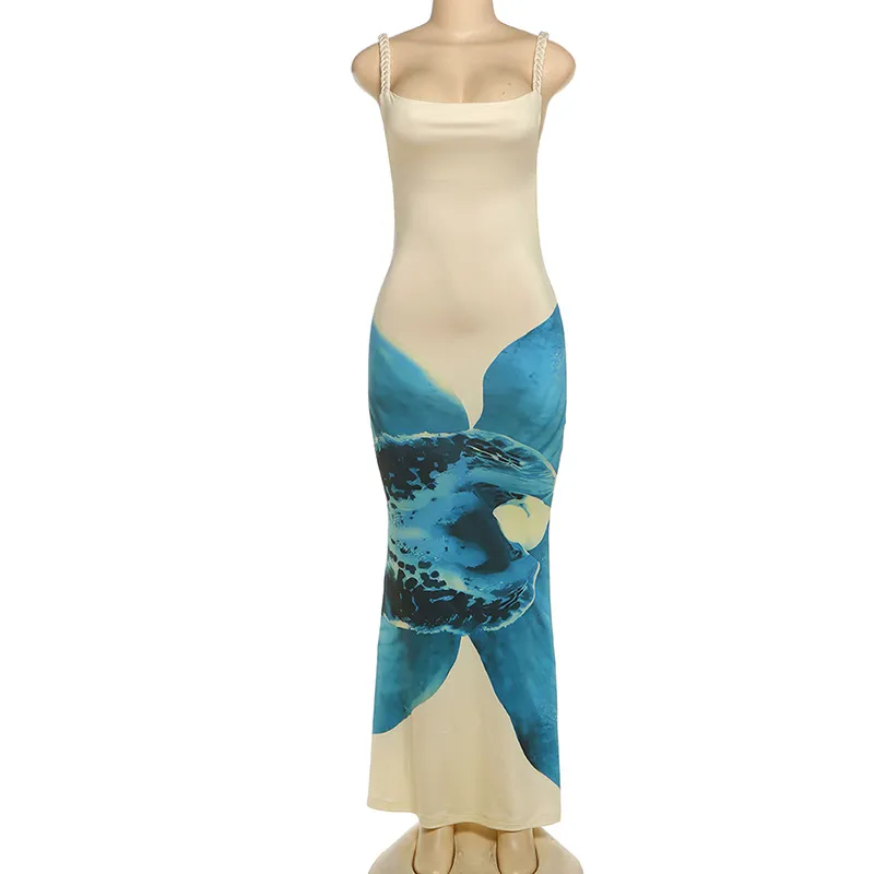 Women's Clothing Sexy Printed Sheath Backless Sleeveless Camisole Dress - Apricot