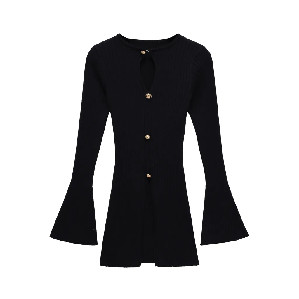 European And American Style Elegant Sunken Stripe Slim Sweater - Black