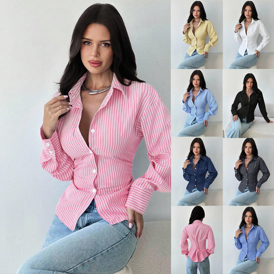 Womens Striped Lapel Single-Breasted V-Neck Long-Sleeve Slim-Fit Shirt
