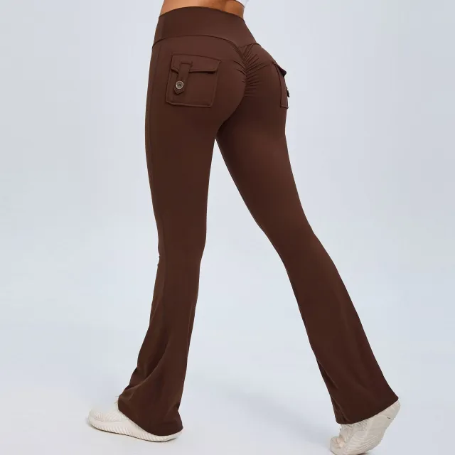 Hip Lifting Yoga Bell bottom Pants Fitness Sports Wide Legs High Waist Brown - Shop at LoveMi