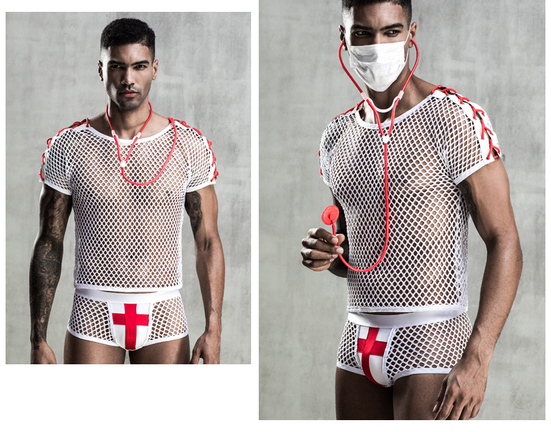 Men White Fishnet Clothes Doctor Uniform Role Play