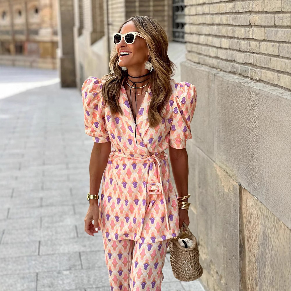 European And American Women's Lace Printing Two-piece Set Lantern Sleeve Trousers Slim-fitting Simple