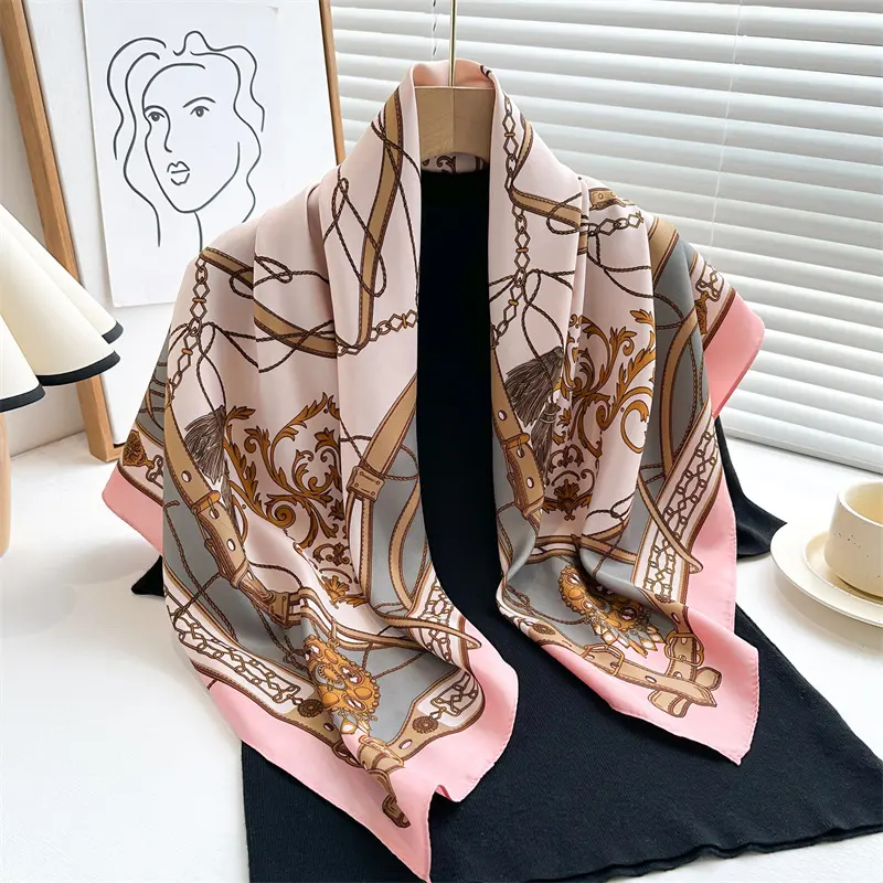 90cm Printed Large Kerchief Ring Chain Scarf Twill Silk