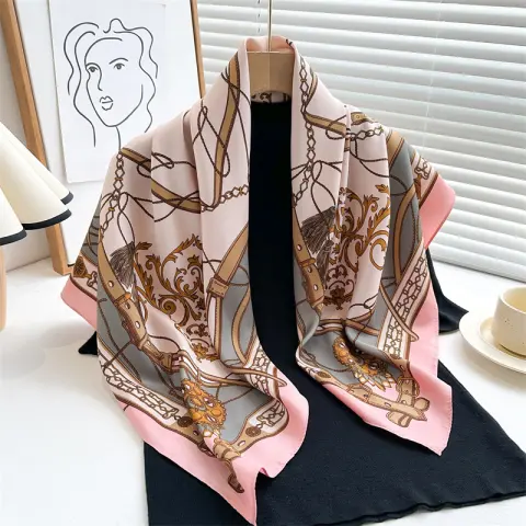 90cm Printed Large Kerchief Ring Chain Scarf Twill Silk